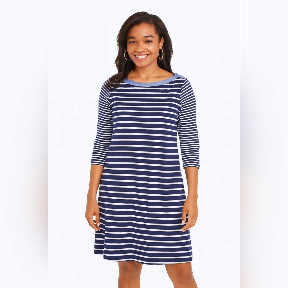 TOMMY HILFIGER Coastal navy blue white striped Nautical Beach Tshirt dress L